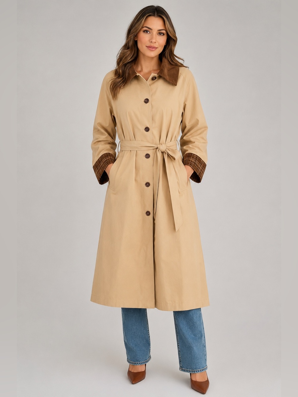 NWT Blu Pepper Tan Long Lightweight Coat Brown Corduroy Trim Size L #1108